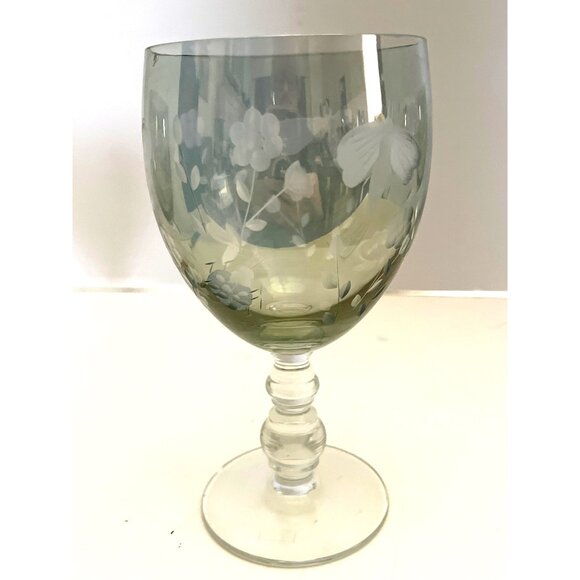 Iridescent Blue Green Wine Glasses Etched Butterfly & Flowers Set of 4 Vintage - Picture 3 of 8